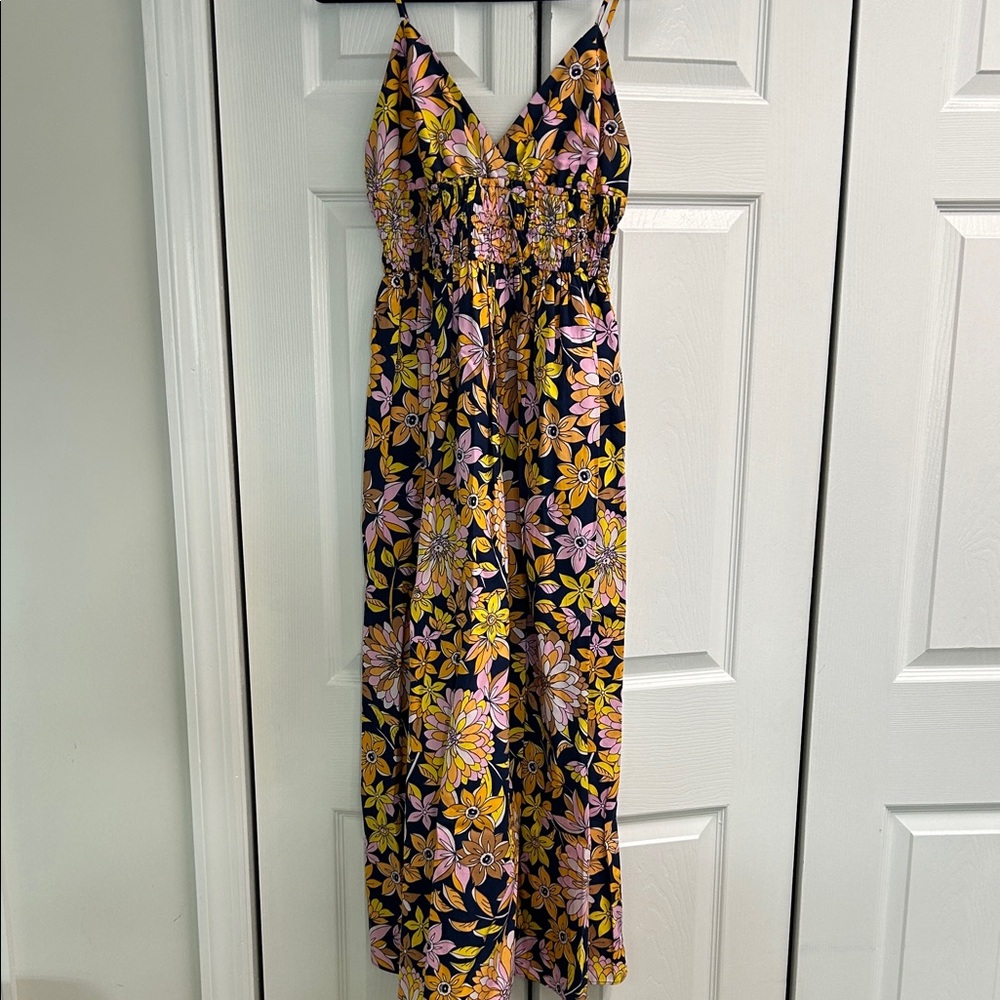 J. Crew Navy Maxi Dress with Yellow & Pink Floral Print
